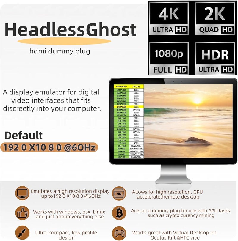 BKFK موصل HDMI وهمي 4K HDR، محول عرض بدون رأس، محاكي EDID لشاشة افتراضية، يدعم حتى 4K@60Hz، 2K@120/144Hz، 1080P@120/144/240Hz (جديد-4K-HDR(1920X1080@60HZ-1P) - Image 3